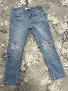 Girls Cat Face Embroidered Jeggings Size 6X Blue Ink Pull On Denim Look Jeans